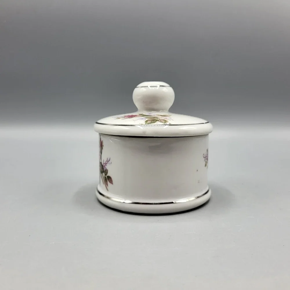 Vintage Porcelain Vanity Trinket Powder Jar Bowl With Lid Pink Rose Silver Trim